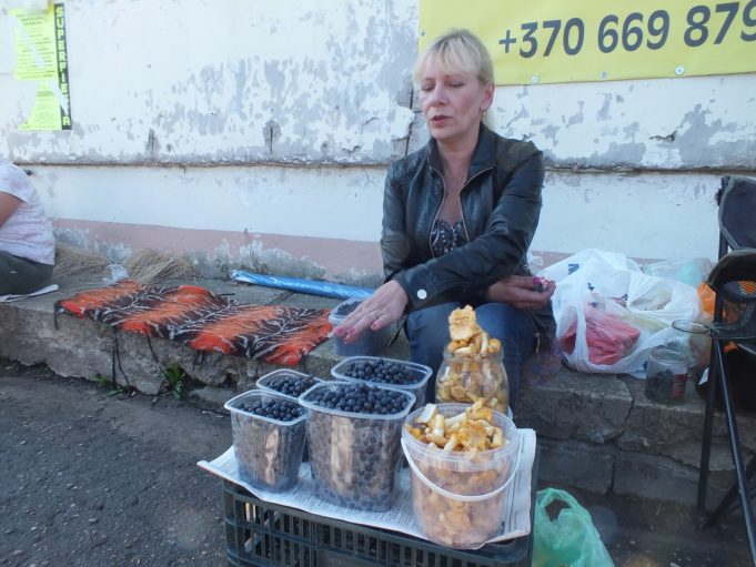 Šimonių girioje (Kupiškio r.) prekiautoja Laima surinko gėrybes ir jas atgabeno rokiškėnams. A. Minkevičienės nuotr