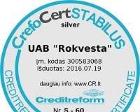 UAB "Rokvesta" suteiktas CrefoCERT STABILUS Silver stabilios įmonės ženklas.