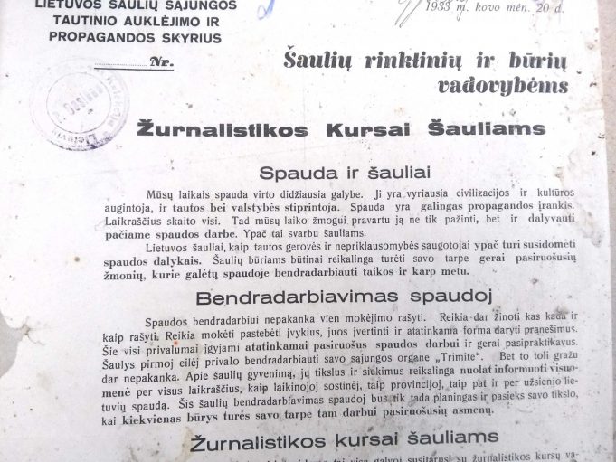  Šaulių sąjunga kvietė organizacijos narius lankyti žurnalistikos kursus ir mokytis bendradarbiauti su spauda taikos bei karo metu. 