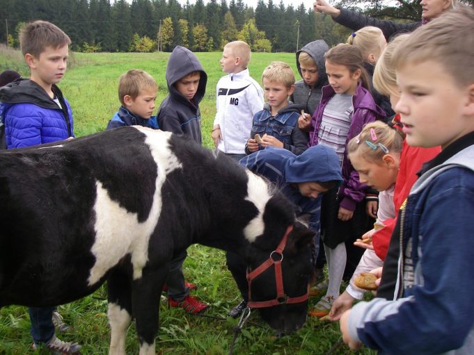 Panemunėlio pagrindinės mokyklos pradinukai Birutės Kairienės ūkyje rudens gėrybėmis lepino mažąjį arkliuką – poni. Panemunėlio pagrindinės mokyklos archyvo nuotr.