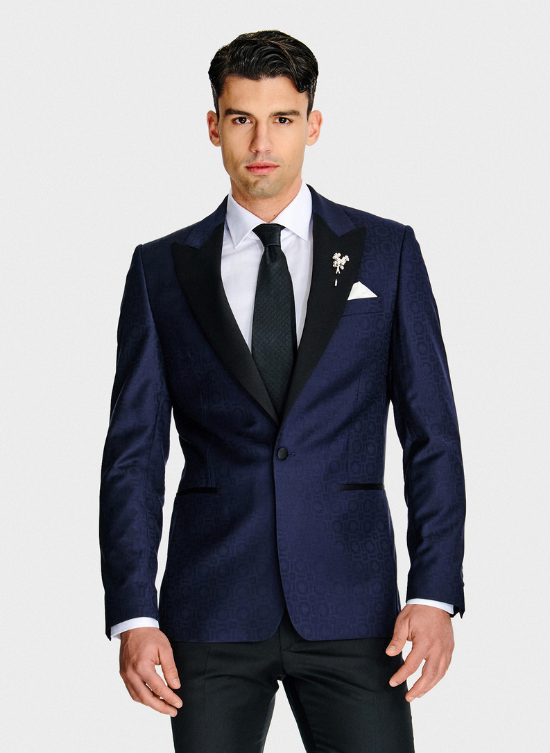 Tamsiai mėlynas žakardinis smokingo švarkas