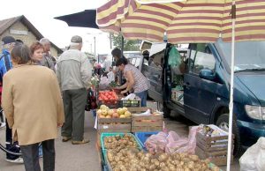 Turguje – voveraitės ir šviežios bulvės Prie ūkininkų atgabentų šviežių bulvių šeštadienį rikiavosi eilės. Populiariausias pirkinio svoris – 1-2 kilogramai. A.Minkevičienės nuotr.
