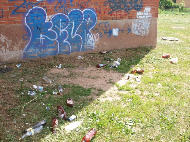 Prie Aukštaičių gatvės 12-ojo namo – jaunimo linksmybių pėdsakai. L.Dūdaitės nuotr.