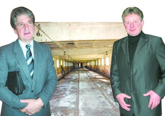 V.Maželio (kairėje) ir V.Kanopos derybų objektas - Gerkonių žemės ūkio bendrovės kiaulių fermos. D.Zibolienės fotomontažas.