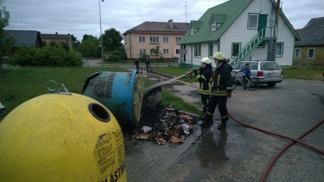 Iškviesti ugniagesiai gelbėtojai apvertė konteinerį ir užgesino degusį kartoną. M. Katinauskienės nuotr.