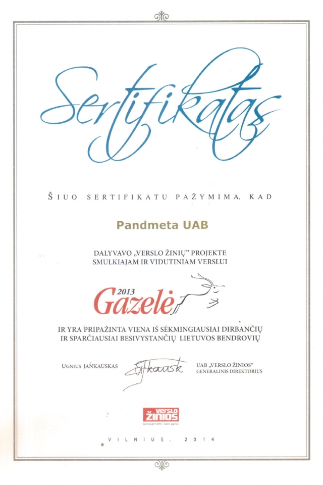 Šis sertifikatas - vienas garbingiausių UAB 
