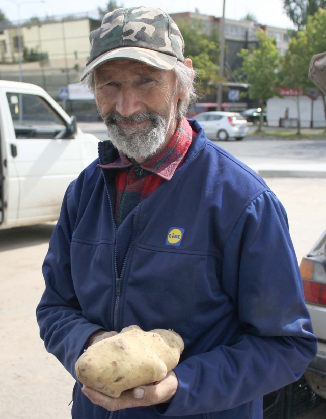 Rokiškėnas Jeronimas Mikulėnas džiaugėsi bulve gigante. J. Kačerausko nuotr.