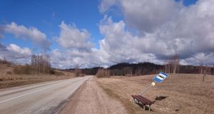 Vėjas išvertė kelio ženklą. E. Puknės nuotr.