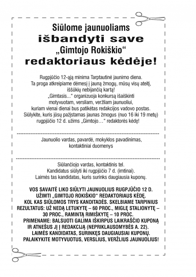 Siūlome jaunuoliams išbandyti save „Gimtojo Rokiškio“ redaktoriaus kėdėje