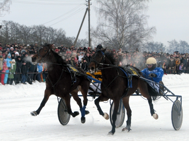 Žirgų lenktynių akimirka.