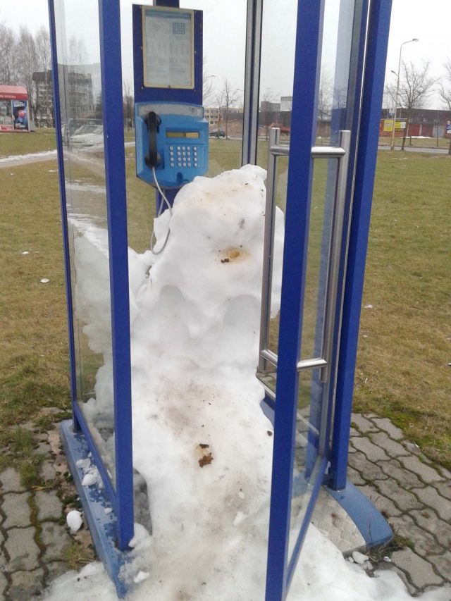 Neįprastas vaizdas taksofono būdelėje.  R.Kilkaus nuotr.