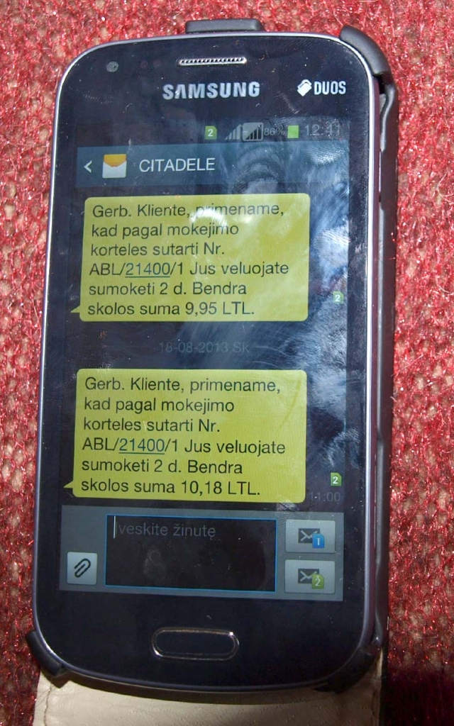 Ši „Citadele“ banko žinutė buvo atsiųstos į aštuonmečio telefoną. L. Dūdaitės nuotr.
