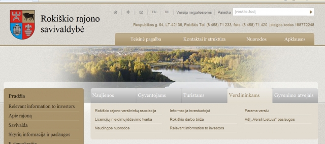 Rajono savivaldybės tinklalapio informacija verslininkams.